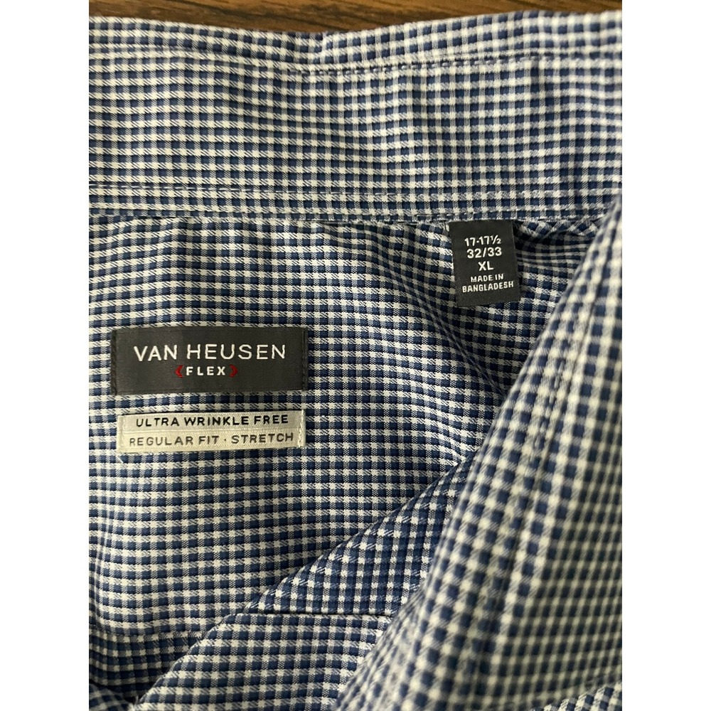 VAN HEUSEN Mens XL Wrinkle-Free Stretch Shirt Blue‎ Check Business Casual